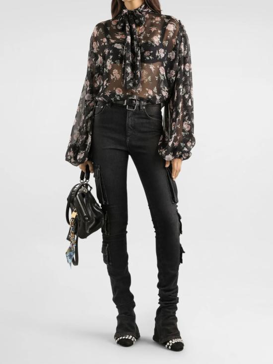 26SS 돌체앤가바나 빈티지 로즈 프린트 쉬폰 탑 F7BL0T IS10R Black - DOLCE & GABBANA