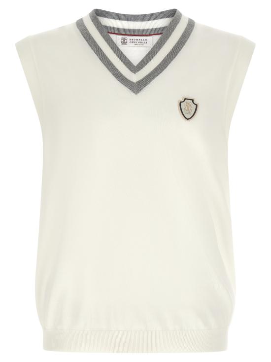 26SS 브루넬로 쿠치넬리 로고 장식 코튼 니트 베스트 M29203607FCJ068 White