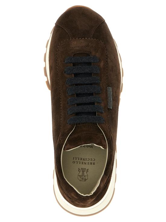 26FW 브루넬로 쿠치넬리 샤이니 탭 디테일 스웨이드 러닝 스니커즈 MZSFG2110PC9885 Brown - BRUNELLO CUCINELLI