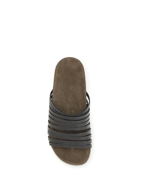26SS 브루넬로 쿠치넬리 프레셔스 스트랩 스웨이드 슬라이드 MZGAG3157 C101 BLACK - BRUNELLO CUCINELLI