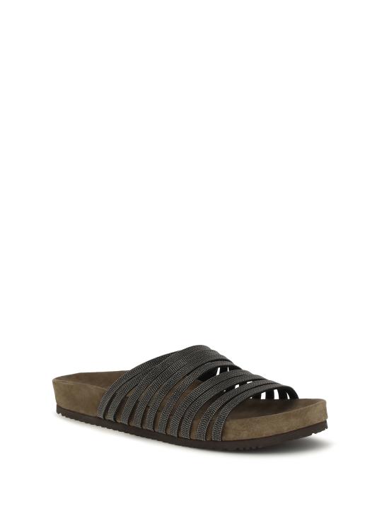 26SS 브루넬로 쿠치넬리 프레셔스 스트랩 스웨이드 슬라이드 MZGAG3157 C101 BLACK - BRUNELLO CUCINELLI