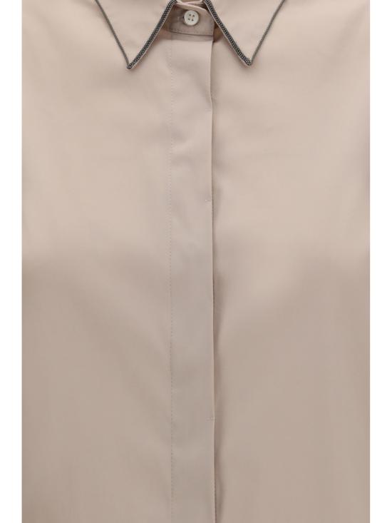 26SS 브루넬로 쿠치넬리 샤이니 트리밍 스트레치 코튼 포플린 슬리브리스 셔츠 M0091MA616 C9272 BEIGE - BRUNELLO CUCINELLI