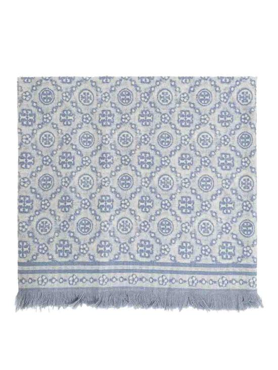 26SS 토리버치 T 모노그램 플로럴 오블롱 스카프 181355400 Light Blue