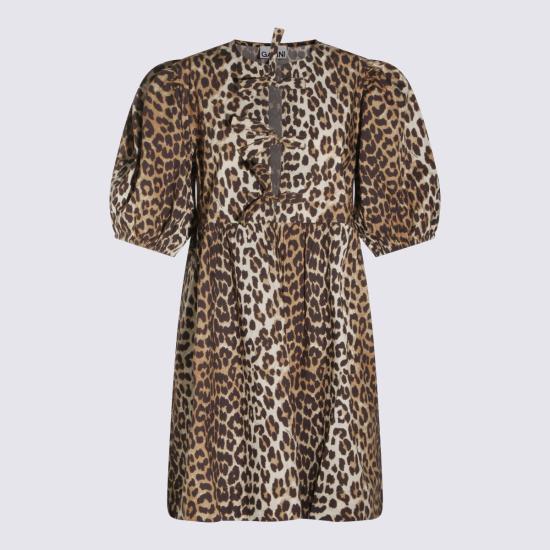 26SS 가니 프린티드 타이 스트링 포플린 미니 드레스 F9758 943 LEOPARD - GANNI