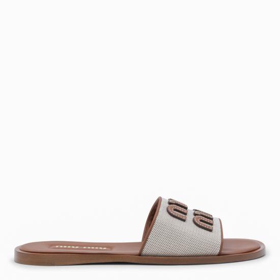 26SS 미우미우 캔버스 및 가죽 슬라이드 5XX644F005 Q1DF062F NATURALE BRANDY - MIU MIU