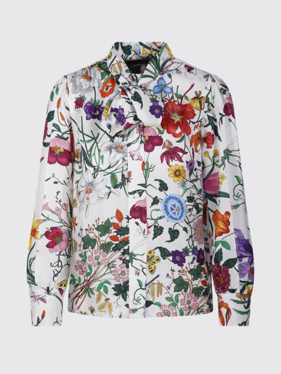 26SS 구찌 넥 보우 디테일 플로라 프린트 실크 트윌 셔츠 865715ZAUU8 9413 Red - GUCCI