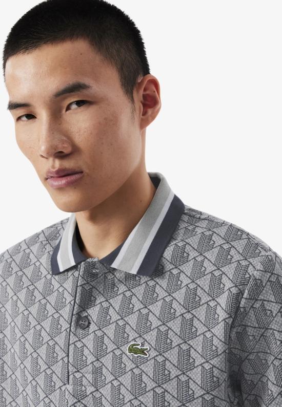 26SS 라코스테 스트라이프 칼라 모노그램 자카드 폴로 티셔츠 DH141741I Grey - LACOSTE