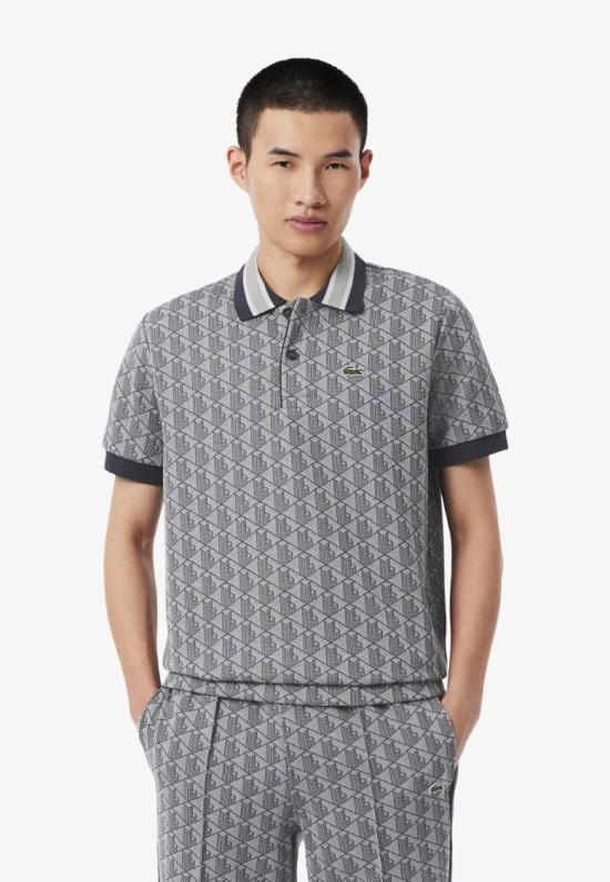 26SS 라코스테 스트라이프 칼라 모노그램 자카드 폴로 티셔츠 DH141741I Grey - LACOSTE