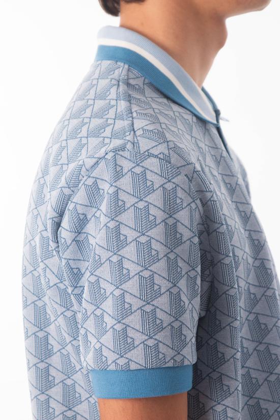 26SS 라코스테 스트라이프 칼라 모노그램 자카드 폴로 티셔츠 DH1417 1QI Sky - LACOSTE