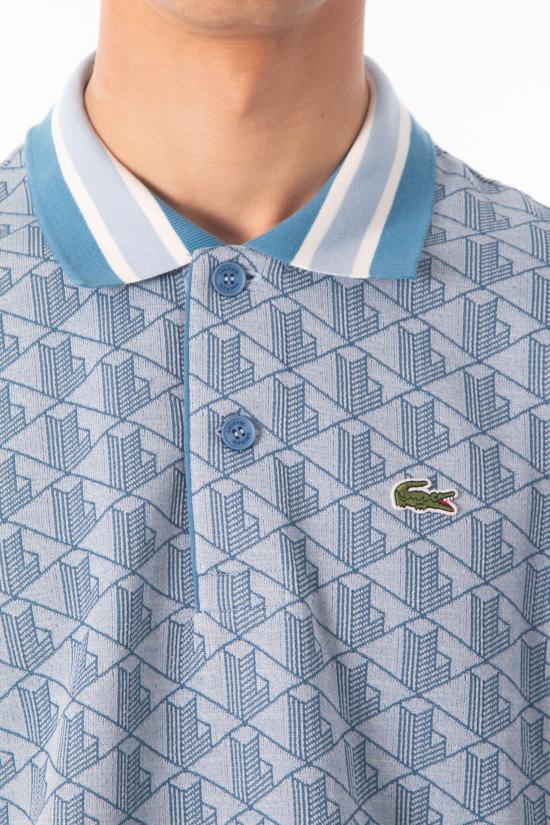 26SS 라코스테 스트라이프 칼라 모노그램 자카드 폴로 티셔츠 DH1417 1QI Sky - LACOSTE