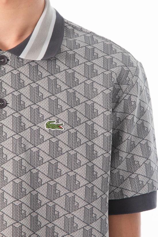 26SS 라코스테 스트라이프 칼라 모노그램 자카드 폴로 티셔츠 DH1417 41I Black - LACOSTE
