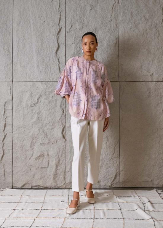  메종 칼라 블라우스 조이 박스 플리츠