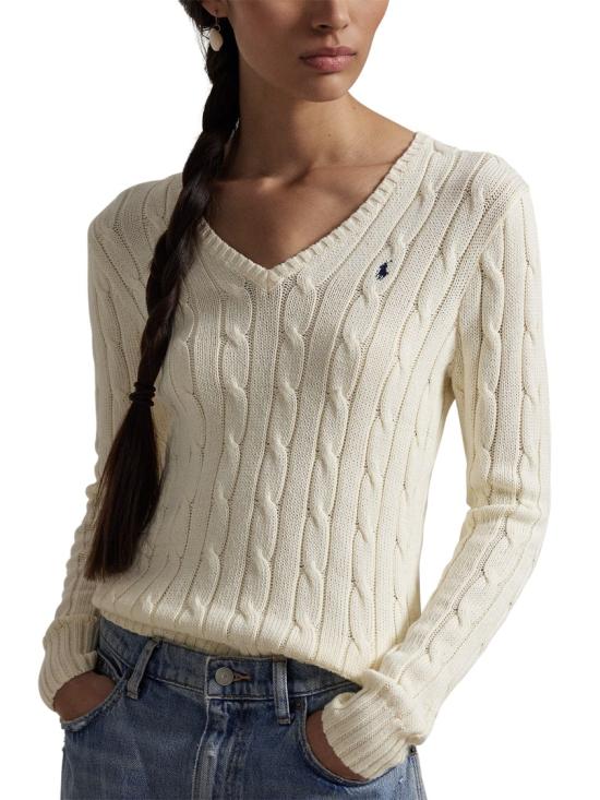 26SS 폴로 랄프로렌 포니로고 피마 코튼 케이블 니트 V넥 스웨터 211971870011 Neutrals - POLO RALPH LAUREN