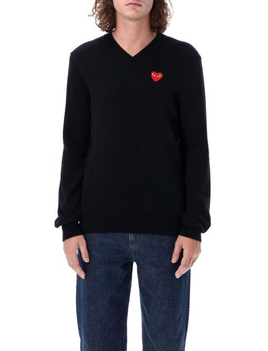 25FW 꼼데가르송 플레이 레드 하트 브이넥 스웨터 AX N002 0511 Black - COMME DES GARCONS