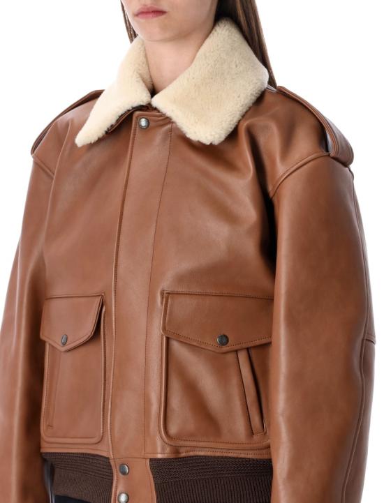 25FW 생로랑 시어링 칼라 가죽 봄버 자켓 843525YCTE22146 Brown - SAINT LAURENT