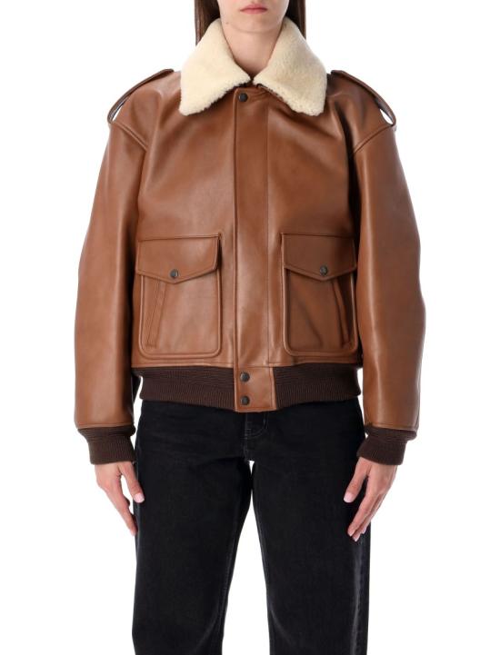 25FW 생로랑 시어링 칼라 가죽 봄버 자켓 843525YCTE22146 Brown