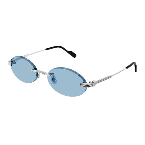 26SS 까르띠에 선글라스 타원형 파란색 렌즈가 달린 테 없는 은색 - CARTIER