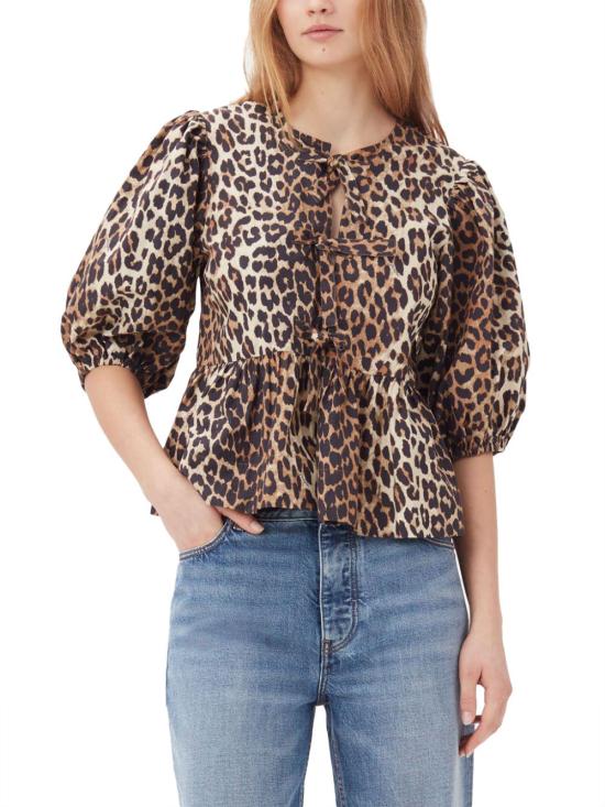26SS 가니 레오파드 코튼 포플린 페플럼 타이 블라우스 F9116943 DIERENPRINT - GANNI