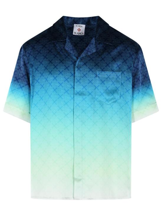 26FW 카사블랑카 반팔 셔츠 M PF26 SH 003 02SILK SATIN CIRCUIT MONOGRAM BLUE Blue