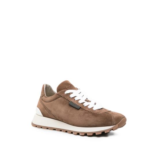 26FW 브루넬로 쿠치넬리 샤이니 탭 디테일 스웨이드 러닝 스니커즈 MZSFG2110 C9773 BROWN - BRUNELLO CUCINELLI