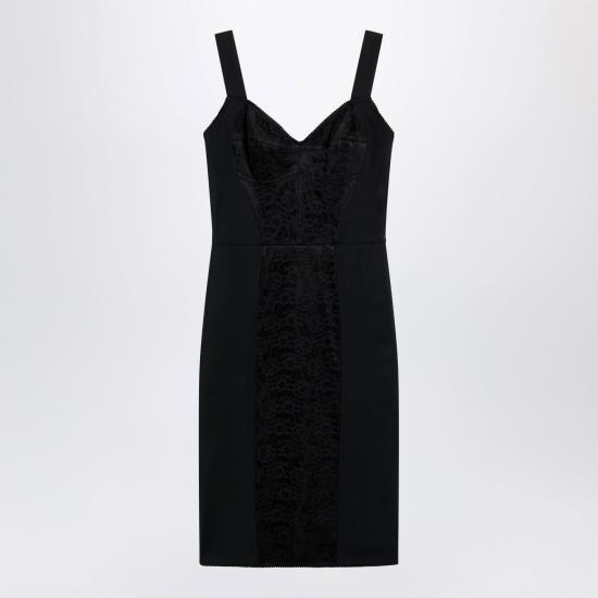 26FW 돌체앤가바나 엘라스틱 패브릭 앤 레이스 시스 드레스 F63G9TGDCLQ N0000 BLACK