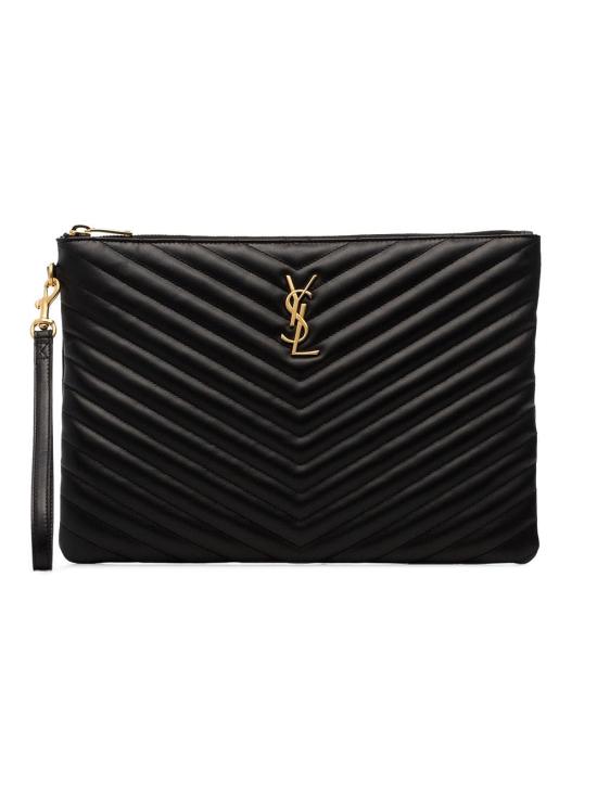 26FW 생로랑 퀼티드 레더 골드 모노그램 카산드라 마틀라세 태블릿 파우치 559193 CWU01 1000 NERO