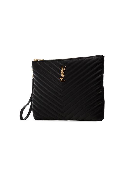 26FW 생로랑 퀼티드 레더 골드 모노그램 카산드라 마틀라세 태블릿 파우치 559193 CWU01 1000 NERO - SAINT LAURENT