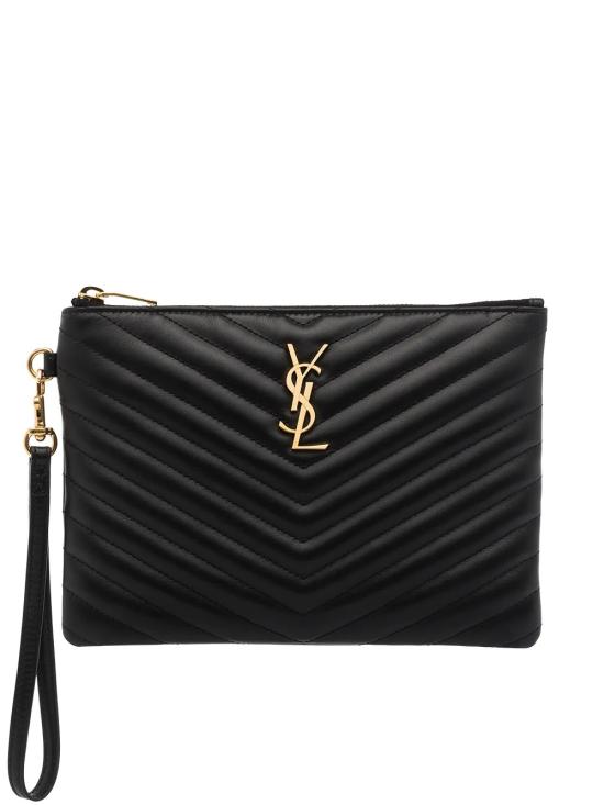 26FW 생로랑 마틀라세 레더 골드 모노그램 A5 파우치 379039 CWU01 1000 NERO