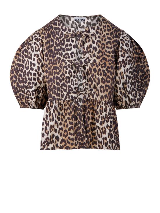 26FW 가니 레오파드 코튼 포플린 페플럼 타이 블라우스 F9116 943 LEOPARD