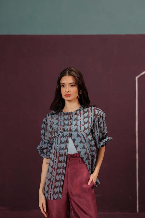  Maison Qala 블라우스 메종 칼라 블루 잉크 버드 코디 세트