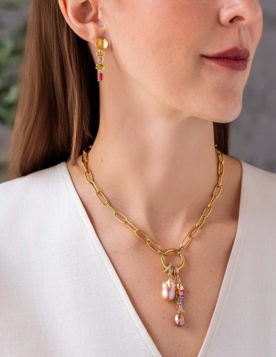  로니 폴 주얼리 목걸이/팬던트 피치 바로크 진주 참 클러스터 목걸이 - LONI PAUL JEWELRY