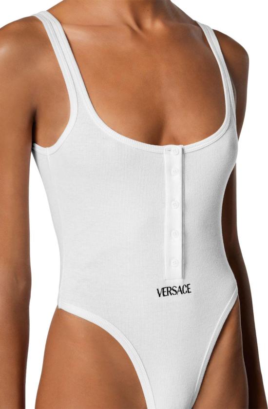 26SS 베르사체 로고 자수 립드 코튼 바디수트 10196881A095511W010 WHITE - VERSACE