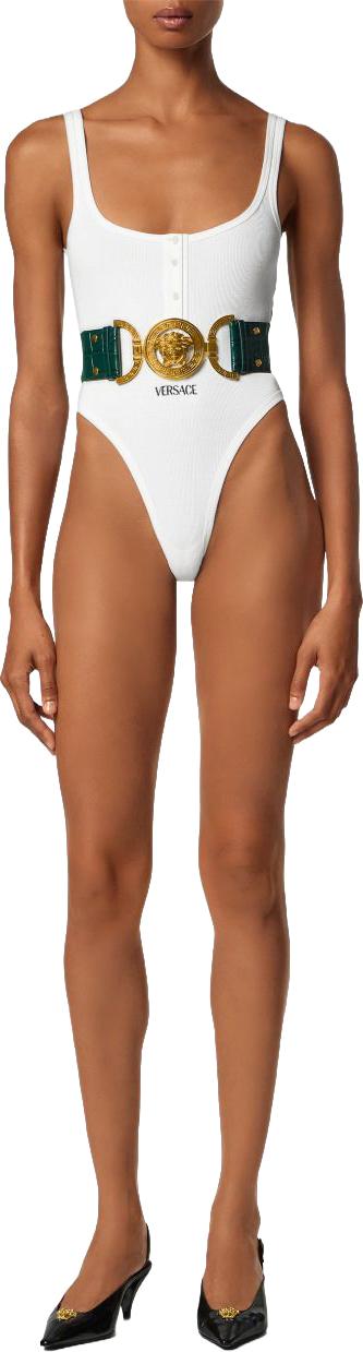 26SS 베르사체 로고 자수 립드 코튼 바디수트 10196881A095511W010 WHITE - VERSACE