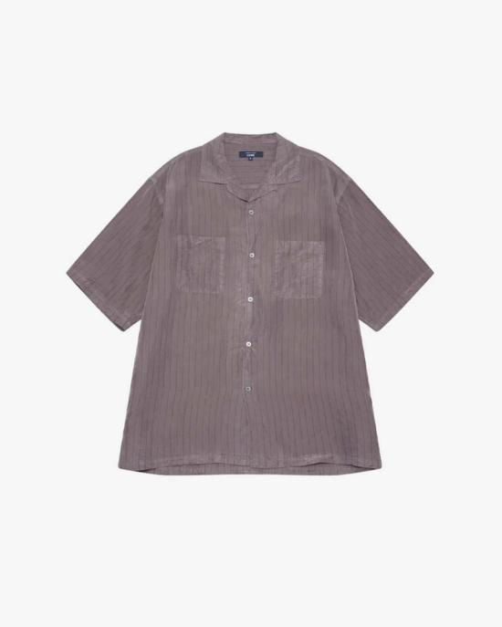  꼼데가르송 반팔 셔츠 Comme Des Garçons 그레이 큐프라 스트라이프 가먼트 다이 반소매 셔츠