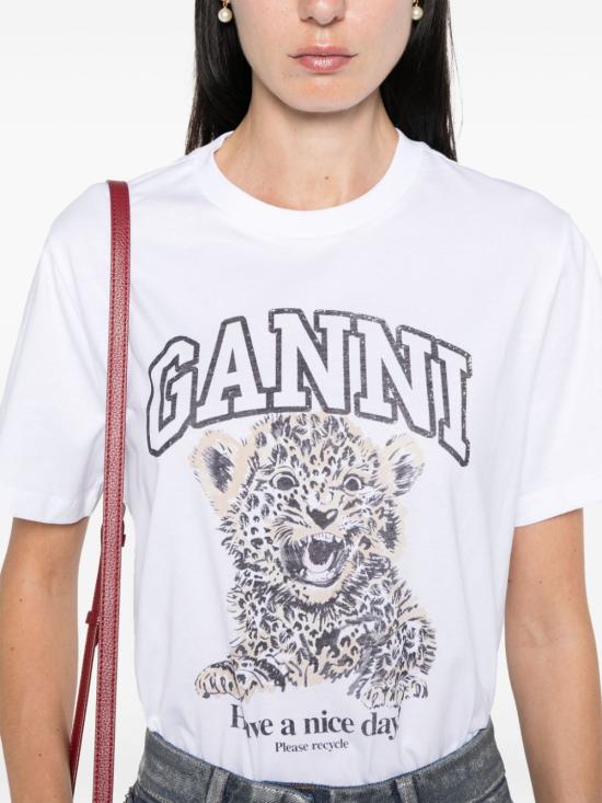 26FW 가니 베이직 저지 레오파드 릴렉스드 티셔츠 T4124 943 WHITE - GANNI