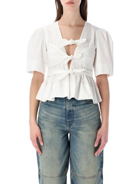 26SS 가니 스트레치 코튼 타이스트랩 블라우스 W03096977151 White