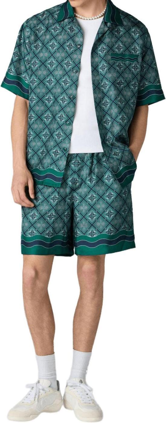 26FW 카사블랑카 반팔 셔츠 SHIRTMETCUBAANSEKRAAGMETUITSTRALENDMONOGRAMINZIJDETWILL GREEN - CASABLANCA