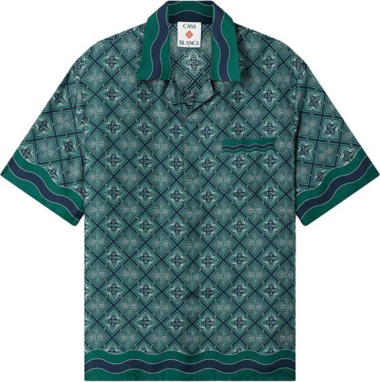 26FW 카사블랑카 반팔 셔츠 SHIRTMETCUBAANSEKRAAGMETUITSTRALENDMONOGRAMINZIJDETWILL GREEN