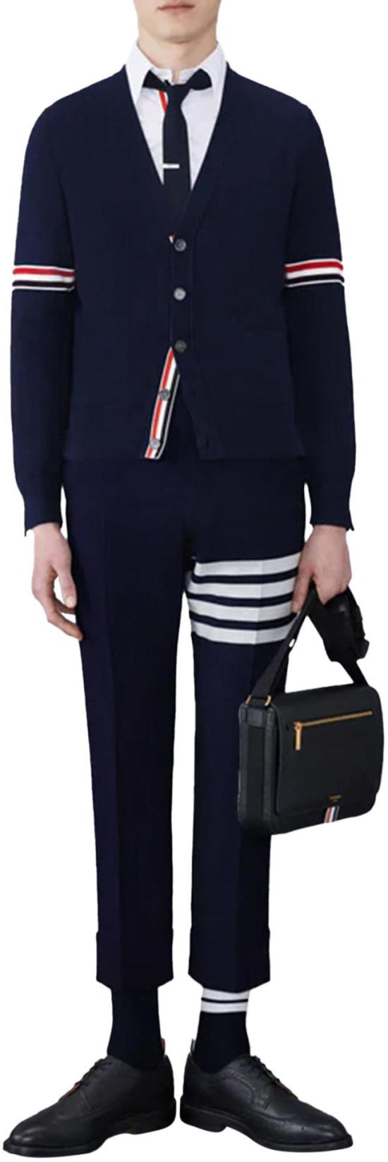 26FW 톰브라운 가디건 MILANOSTITCHVNECKCARDIGANWRWBSTRIPEINCOTTON415 NAVY - THOM BROWNE