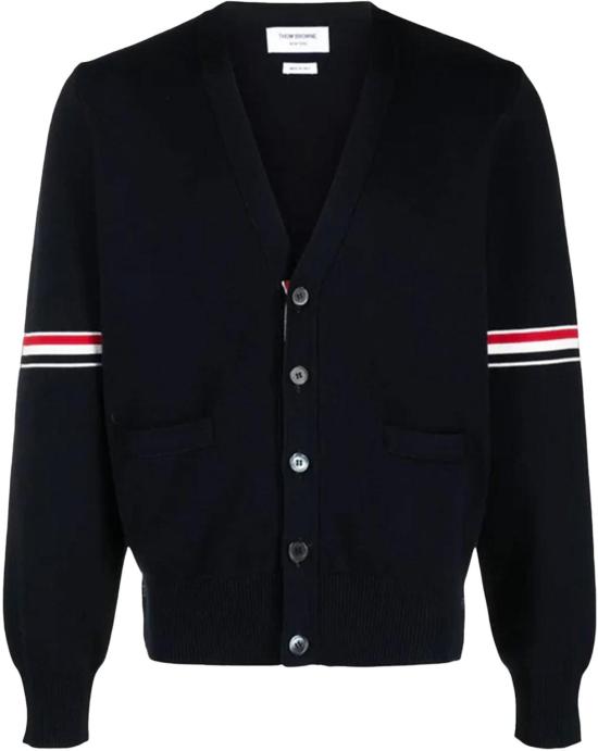 26FW 톰브라운 가디건 MILANOSTITCHVNECKCARDIGANWRWBSTRIPEINCOTTON415 NAVY