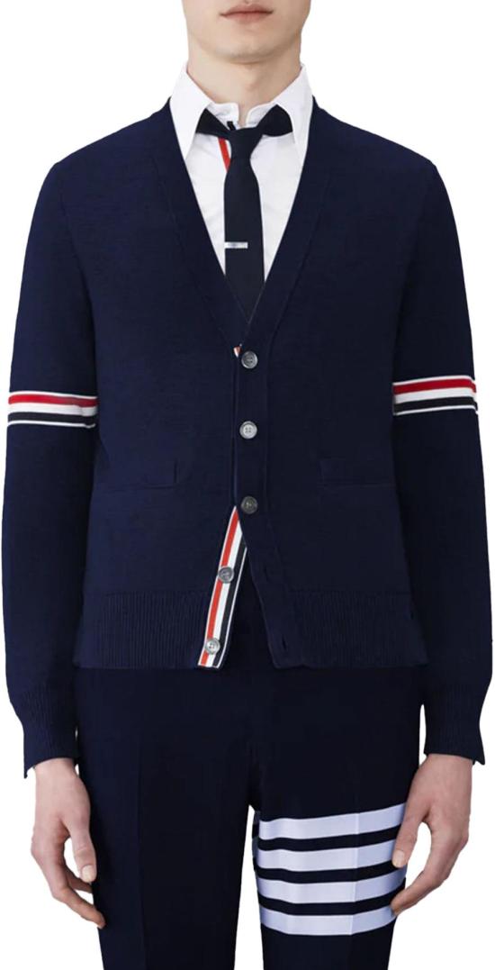 26FW 톰브라운 가디건 MILANOSTITCHVNECKCARDIGANWRWBSTRIPEINCOTTON415 NAVY - THOM BROWNE