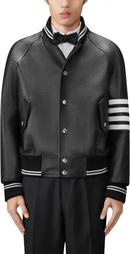 26FW 톰브라운 봄버 자켓 THOMBROWNEMJO262YL0149001CALFLEATHER4BARBOMBERJACKETLEATHERSUEDEJACKETSBLACK - THOM BROWNE