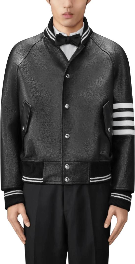26FW 톰브라운 봄버 자켓 THOMBROWNEMJO262YL0149001CALFLEATHER4BARBOMBERJACKETLEATHERSUEDEJACKETSBLACK - THOM BROWNE