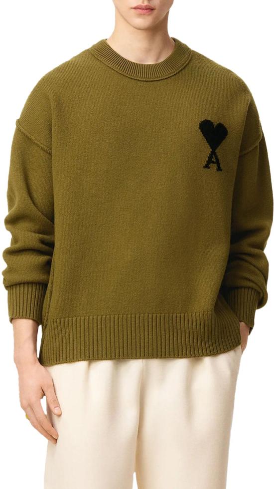 26FW 아미 스웨터 AMIDECOEURFELTEDWOOLCREWNECKARMYGREEN DONKERGREEN - AMI