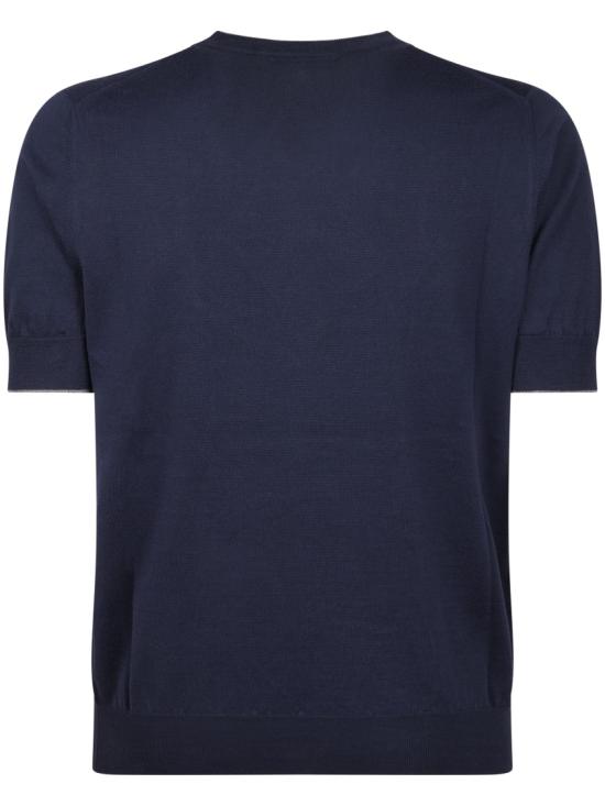 26SS 브루넬로 쿠치넬리 콘트라스트 디테일 코튼 니트 티셔츠 M29805200CW425 Blue - BRUNELLO CUCINELLI
