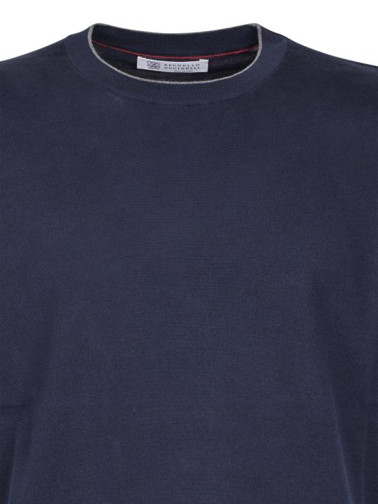 26SS 브루넬로 쿠치넬리 콘트라스트 디테일 코튼 니트 티셔츠 M29805200CW425 Blue - BRUNELLO CUCINELLI