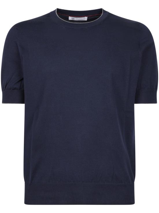 26SS 브루넬로 쿠치넬리 콘트라스트 디테일 코튼 니트 티셔츠 M29805200CW425 Blue