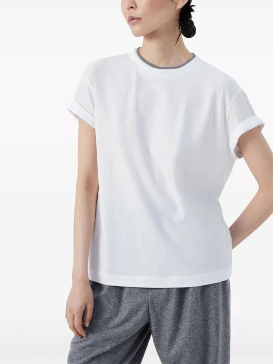 26FW 브루넬로 쿠치넬리 콘트라스트 트림 코튼 티셔츠 M0T18BD200 C159 BIANCO - BRUNELLO CUCINELLI