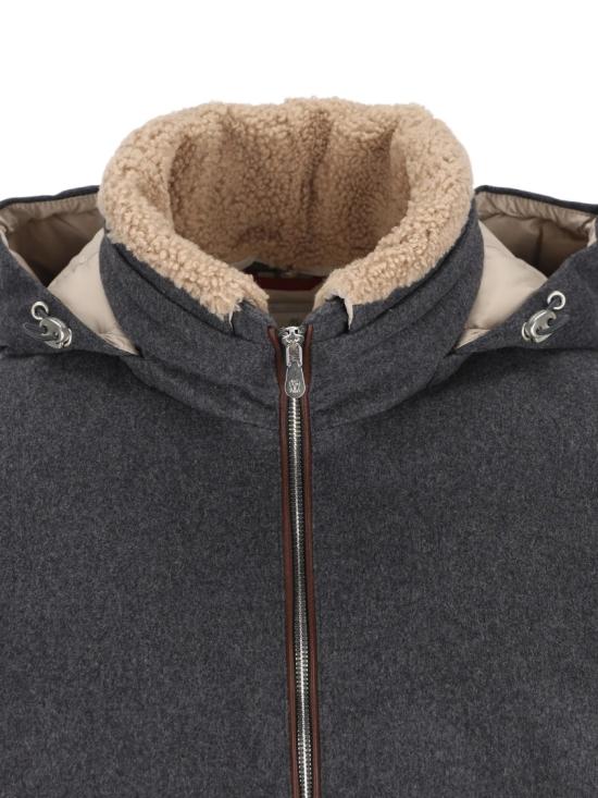 26FW 브루넬로 쿠치넬리 본디드 울 플란넬 탈부착 후드 다운 자켓 MM4701606 Grey - BRUNELLO CUCINELLI
