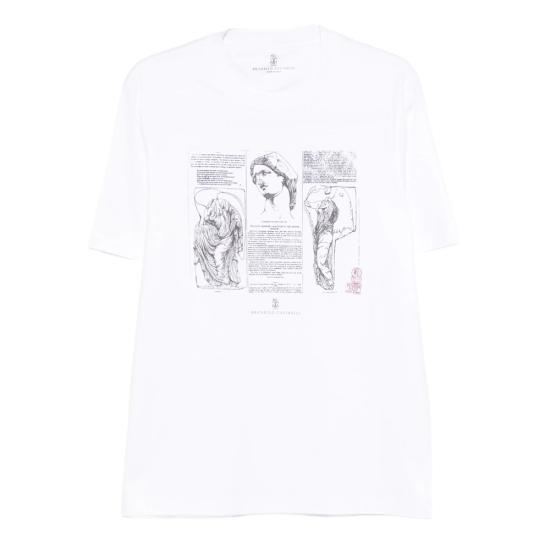 26SS 브루넬로 쿠치넬리 크루넥 프린트 코튼 저지 티셔츠 M0B138517 CFC06 WHITE
